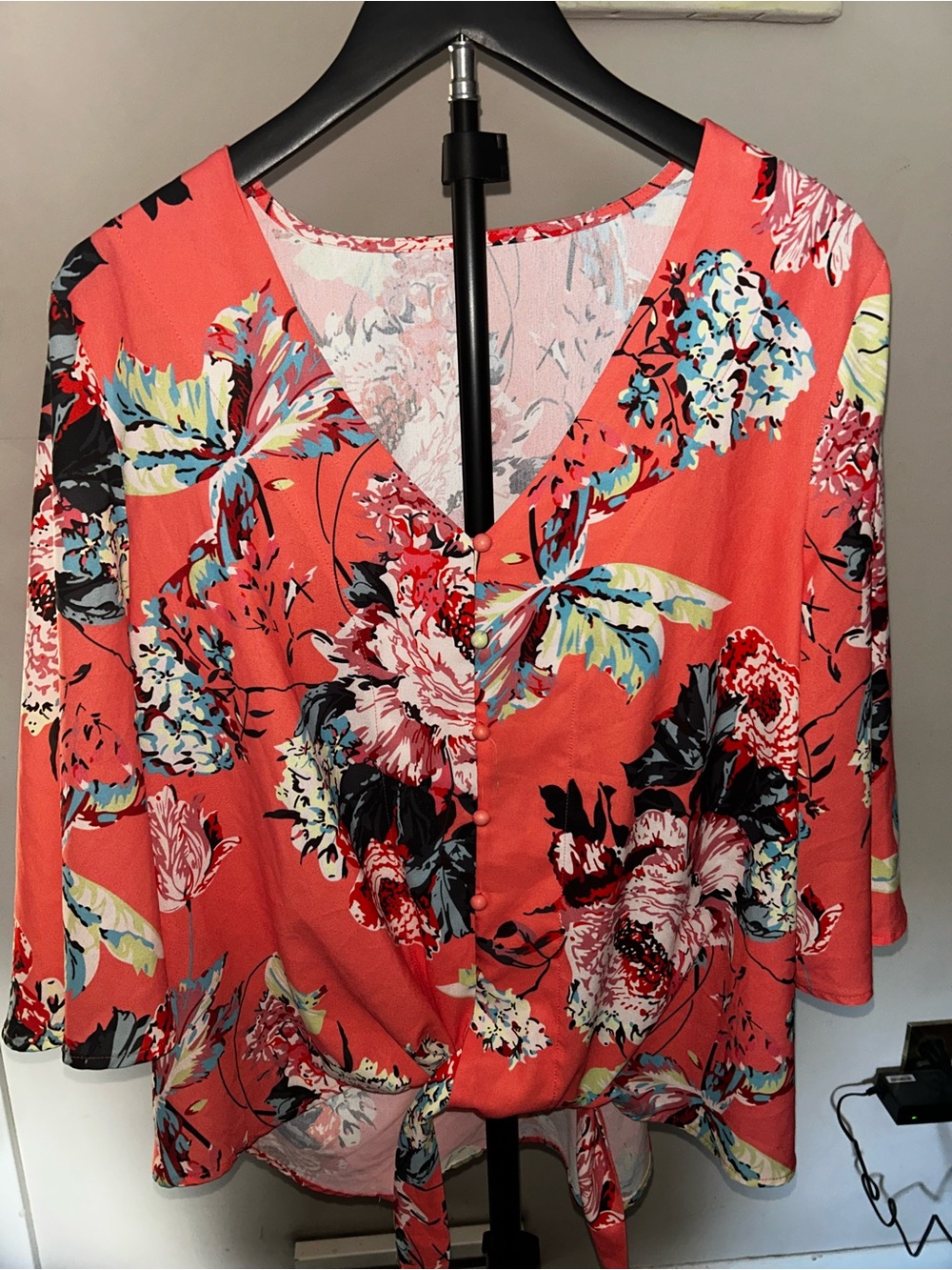 Floral V-Neck Tie-Front Top - Coral